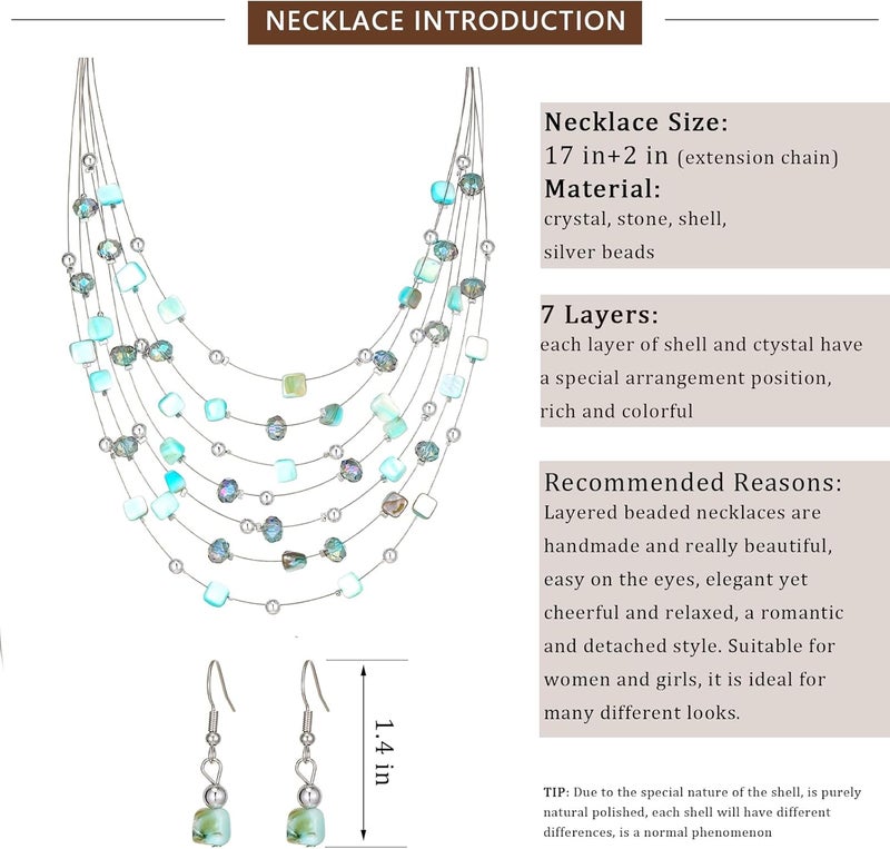 Errally Store Multi-Layer Boho Shell Beaded Necklace for Women Colorful Crystal Strand with Silver Beads Statement Collars Necklace and Earrings Costumes Jewelry Sets for Women - Image 5